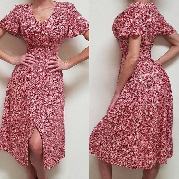 𝅺VINTAGE 90s CW Red Ditsy Floral Lace-up Lattice Back Flounce Sleeve Dress 10 - Picture 1 of 16